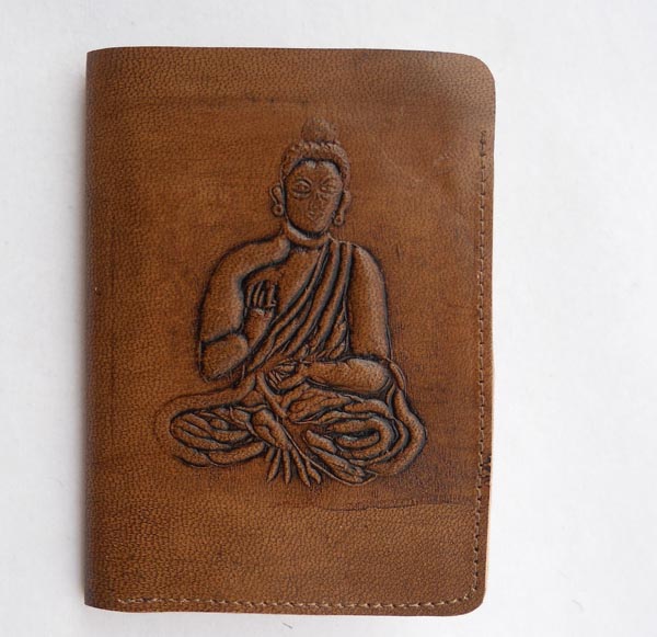 Brown antique looking embossed buddha passport cover.