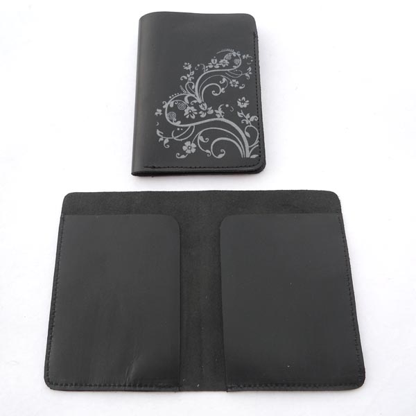 Black leather with cream color flowery print front passport cover,