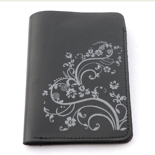 Black leather with cream color flowery print front passport cover,
