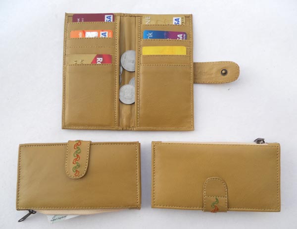 Khaki leather with multiple pockets for credit cards & two large side pockets