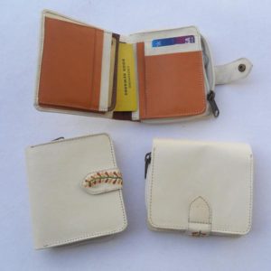 White color leather with multiple pockets outside embroidered stripe wallet .