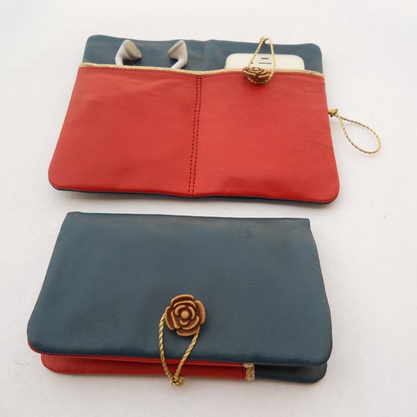 Blue color soft leather with wooden button and natural string ,